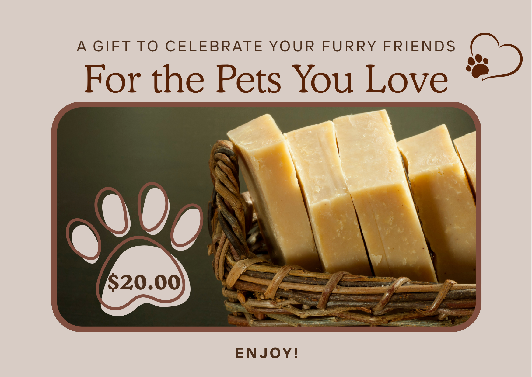 Gift card with a cat and dog in a bathtub, celebrating pets, and a $20.00 value.