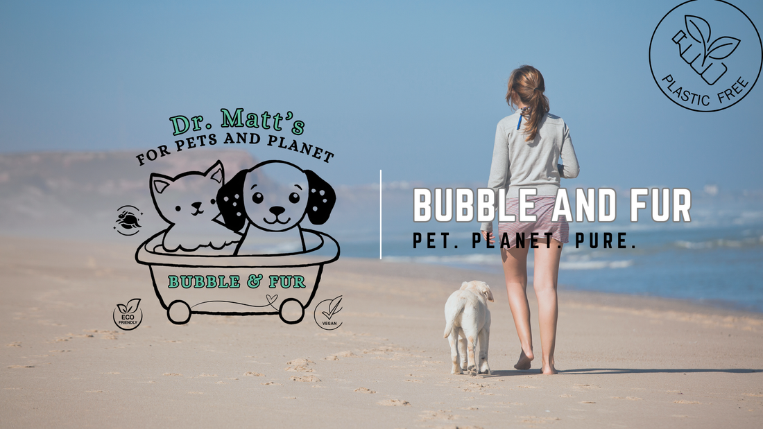 A woman walking a dog on a beach with 'Dr. Matt's' pet care brand logo.